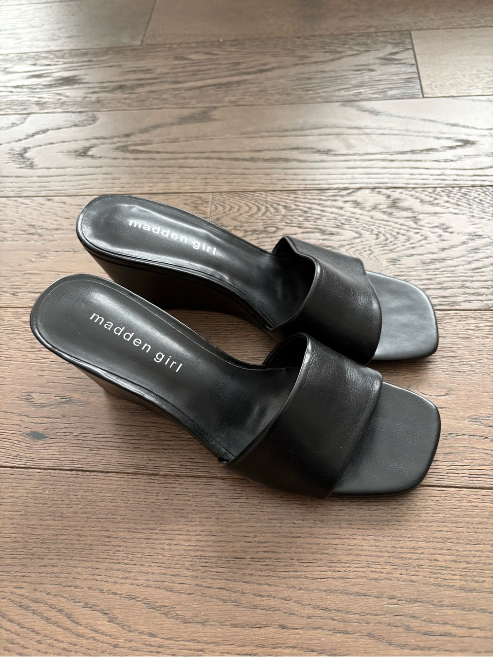 Madden Girl Black Slide Wedge Mules
